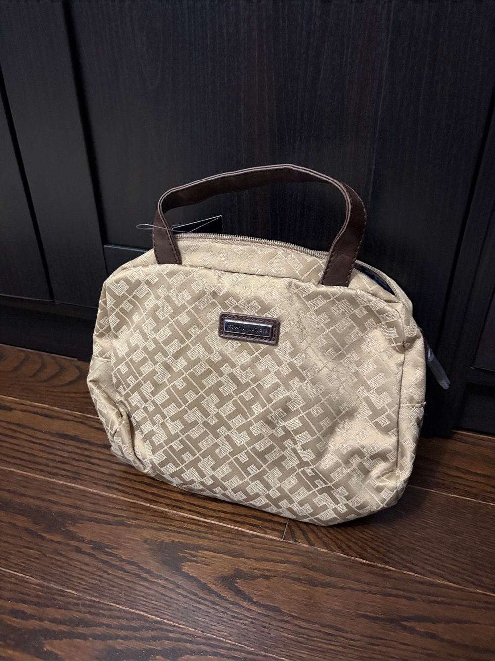 Tommy Hilfiger Beige Patterned Toiletry Bag with Brown Handles